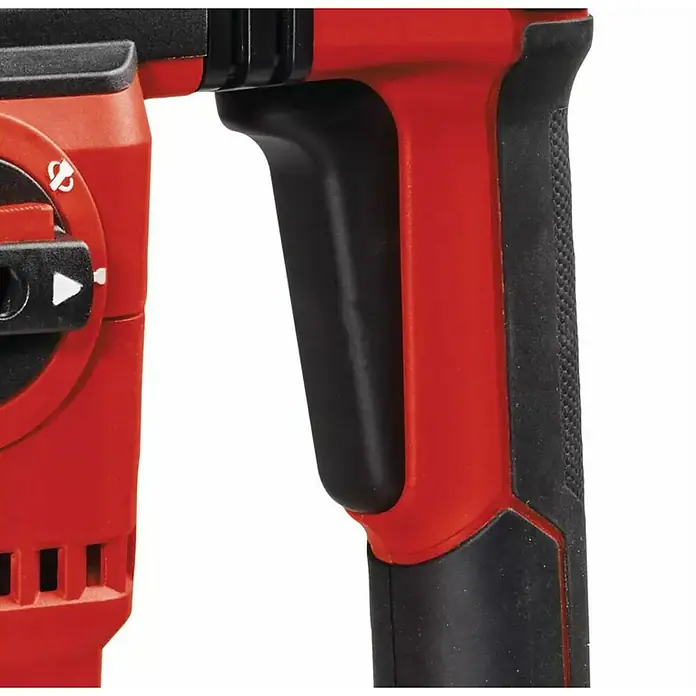 Einhell Martillo combinado TE-RH 32-1600 4F - 1.600 W, 4,5 J, Alojamiento SDS-Plus - Primer plano de un taladro rojo con empuñadura negra, mostrando un diseño robusto y ergonómico para uso profesional.