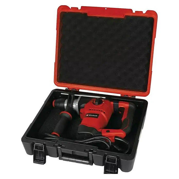Einhell Martillo combinado TE-RH 32-1600 4F - 1.600 W, 4,5 J, Alojamiento SDS-Plus - Martillo perforador Einhell en un maletín negro con borde rojo e inserto de espuma. El aparato es rojo y negro.