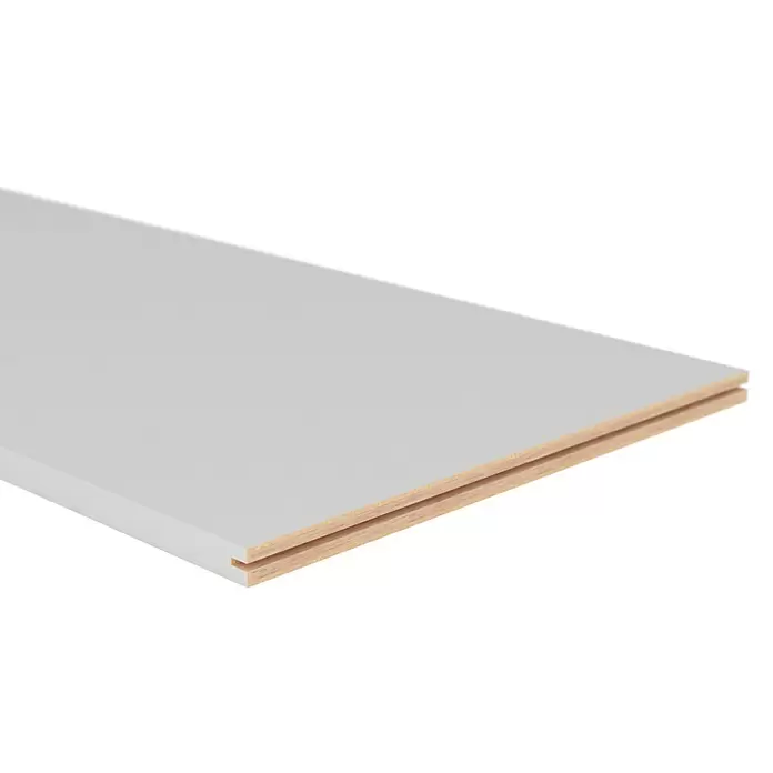 Entravia Holzschiebetür - 610 x 2.110 mm, Weiß lackiert, ähnlich RAL 9010, Mit Griffmuschelpaar, Passend für: Entravia Simple-Pocket Schiebetürsystem - Hellgraue Platte mit heller brauner Nut-Feder-Kante, als Boden- oder Wandverkleidung geeignet.