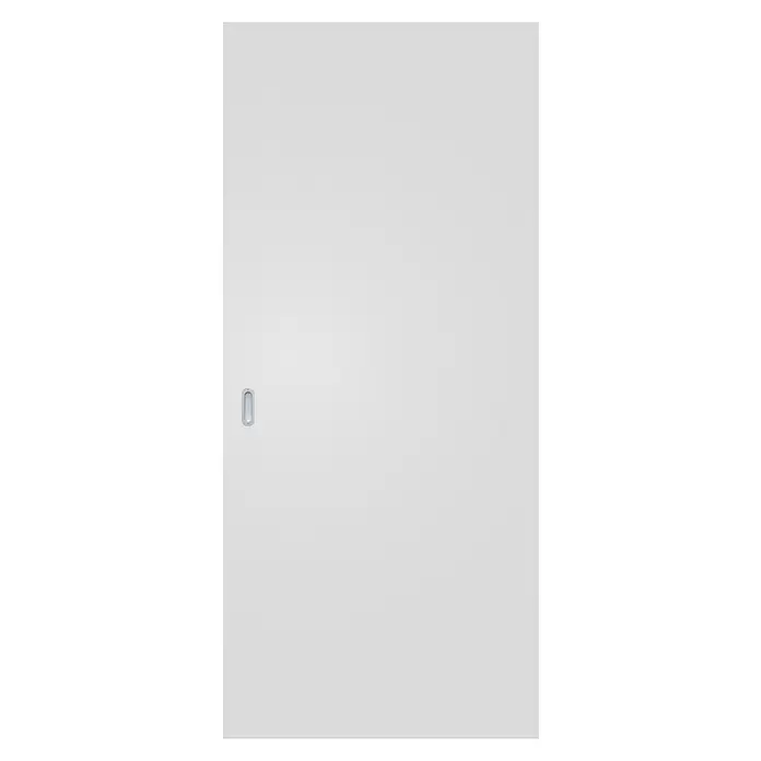Entravia Holzschiebetür - 610 x 2.110 mm, Weiß lackiert, ähnlich RAL 9016, Mit Griffmuschelpaar, Passend für: Entravia Simple-Pocket Schiebetürsystem - Hellgraue Schiebetür mit ovalem Muschelgriff.