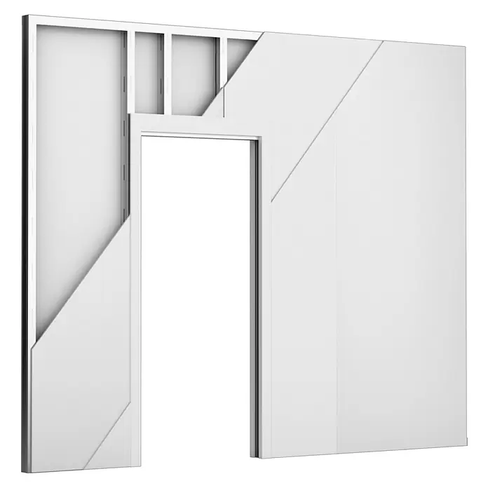 Entravia Gipskartonlaibung CW100/150 - Glasschiebetüren, 1-flügelig, Passend für: Entravia Simple-Pocket Schiebetürsystem - Schnittbild einer weißen Trockenbauwand mit Metallständerwerk und Türrahmen.