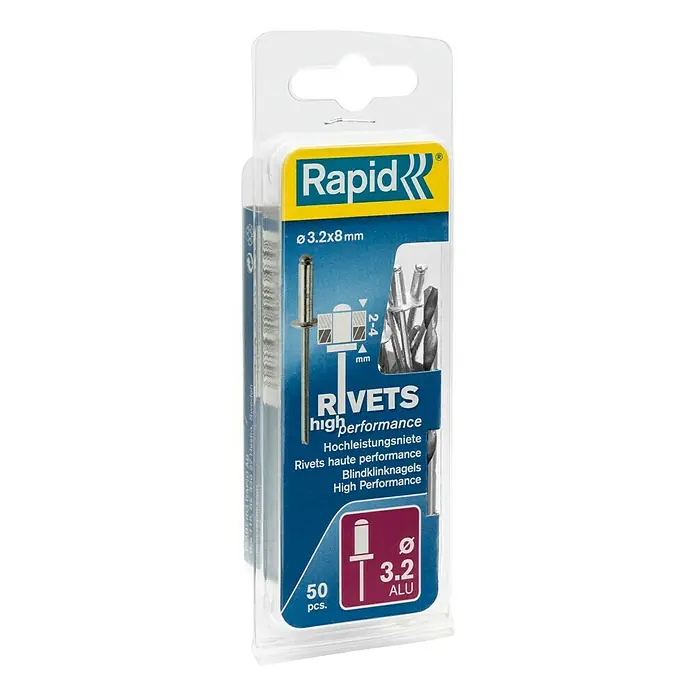 Rapid Blindniete ALU - Nietdurchmesser: 3,2 mm, Nietlänge: 8 mm, 50 Stk. - Eine Packung Rapid Hochleistungsnieten aus Aluminium, 3,2 mm Durchmesser, ideal für robuste Verbindungen in verschiedenen Anwendungen.