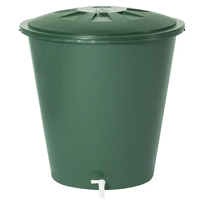 Regentonne - 210 l, Grün, Form: Rund - Grüne Regentonne zur Gartenbewässerung mit Deckel und Auslaufhahn für eine umweltfreundliche Wassernutzung im Garten.
