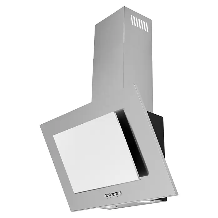 Respekta Schräghaube Kira - Breite: 60 cm, Max. Gebläseleistung Abluftbetrieb: 302,6 m³/h, Weiß/Silber - Eine moderne Dunstabzugshaube aus Edelstahl mit weißem Paneel und Bedienelementen an der Unterseite, ideal für jede Küche.
