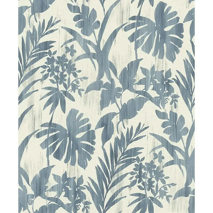 Rasch Vliestapete Beachhouse - Beige/Blau, Floral, 10,05 x 0,53 m - Blau-weiße Tapete mit tropischen Blättern. Das Design ist dicht und wiederholt sich, wodurch ein natürliches und entspannendes Ambiente entsteht.