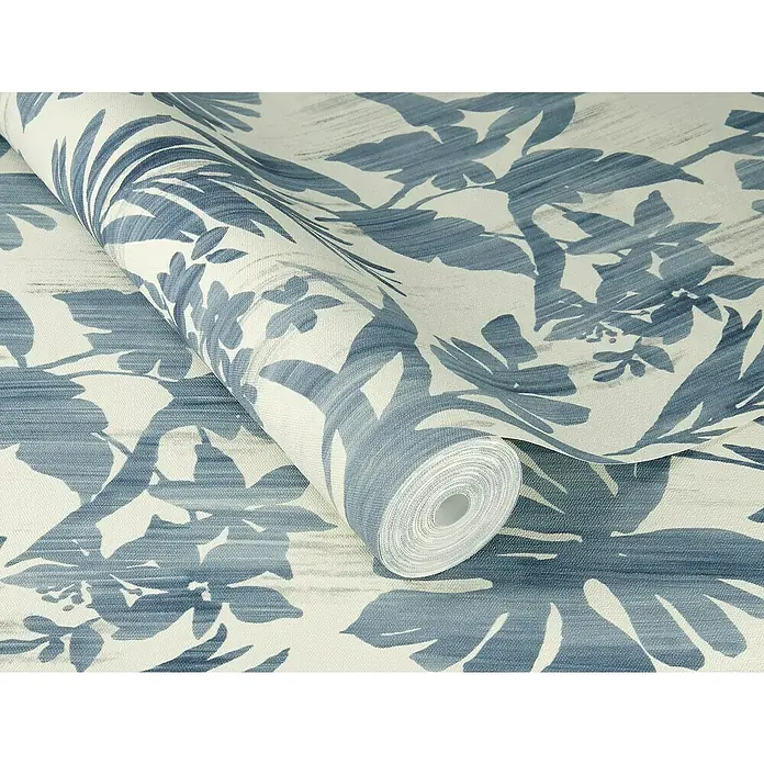 Rasch Vliestapete Beachhouse - Beige/Blau, Floral, 10,05 x 0,53 m - Eine Rolle floral gemusterte Tapete in Blau- und Weißtönen. Das florale Design verleiht jedem Raum eine elegante und beruhigende Note.