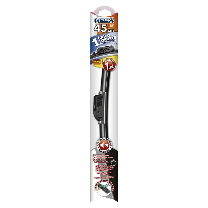 Rolmovil Goma de escobilla limpiaparabrisas Flex Neox - Largo: 45 cm, Materiales naturales - Embalaje del producto para un limpiaparabrisas universal NEOX de 45cm/18" con láminas flexibles y fácil instalación.