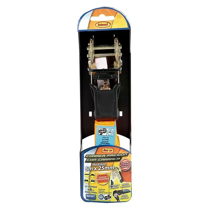 Rolmovil Correa de amarre - 25 mm x 5 m, Carga soportada: 250 kg, Plástico - Correa de amarre de polipropileno naranja, 5m x 25mm, carga máx. 250kg, en embalaje negro y azul.