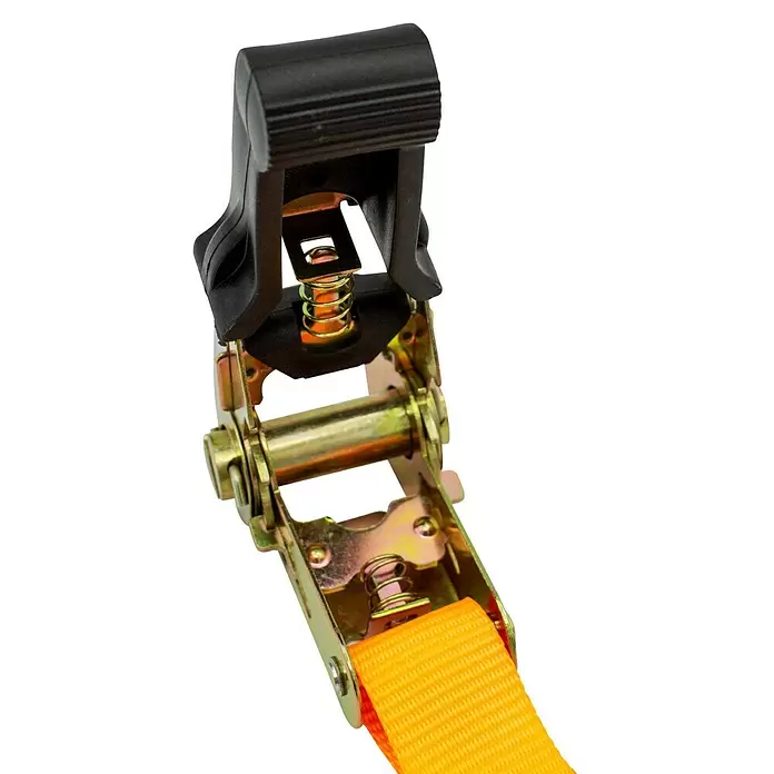 Rolmovil Correa de amarre - 25 mm x 5 m, Carga soportada: 250 kg, Plástico - Primer plano de una correa de trinquete naranja con mango negro y mecanismo metálico galvanizado, para asegurar la carga.