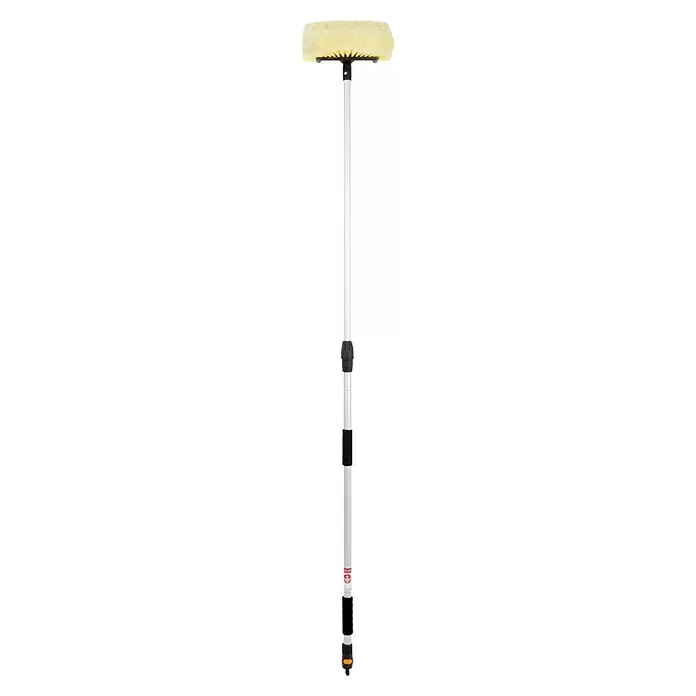 Rolmovil Clean Cepillo para automóviles - Telescópico - Cepillo telescópico para lavado de coches con cerdas amarillas suaves, mango blanco y empuñaduras negras.