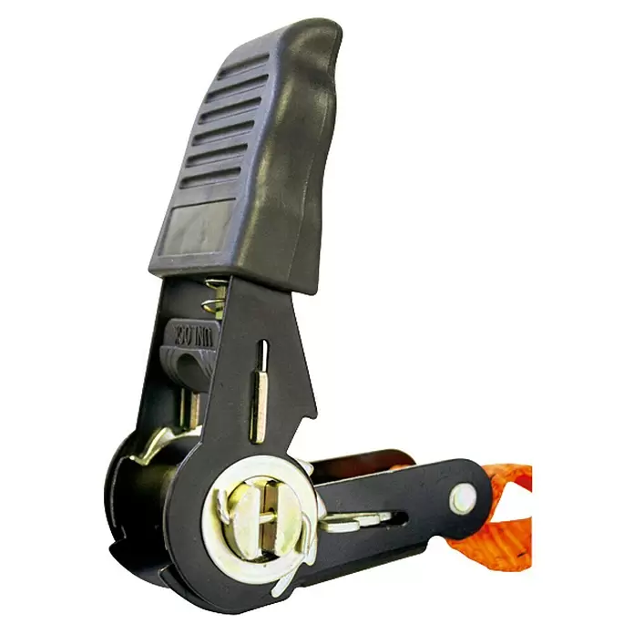 Rolmovil Correa de amarre - 35 mm x 5 m, Carga soportada: 1.000 kg, Plástico - Mecanismo de correa de trinquete negro y plateado con mango ergonómico y texto "UNLOCK" visible, conectado a una correa naranja.