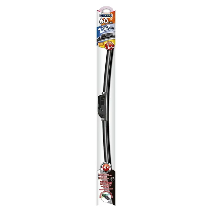 Rolmovil Goma de escobilla limpiaparabrisas Flex Neox - Largo: 60 cm, Materiales naturales - Embalaje del producto para un limpiaparabrisas NEOX, de 60 cm de longitud, con un soporte multifuncional y ajuste universal.