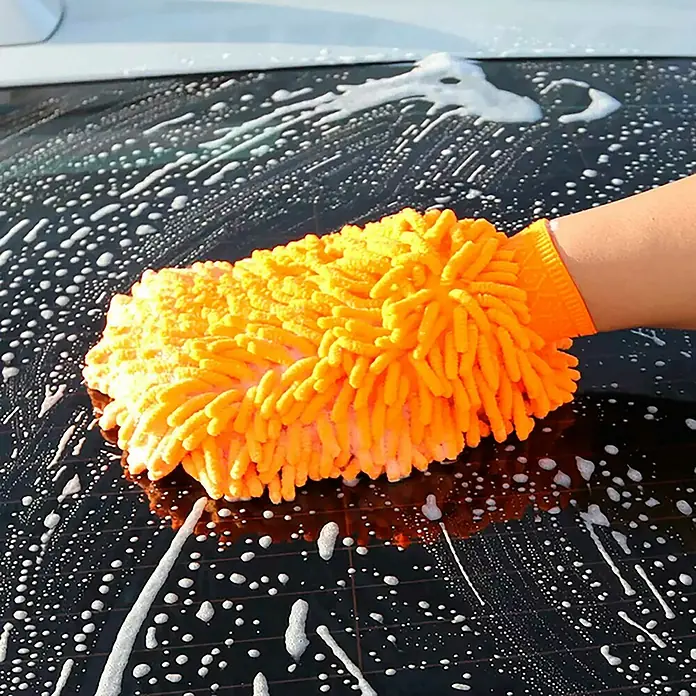 Rolmovil Clean Manopla - Microfibra, Naranja - Manopla de lavado naranja para limpiar un coche, cubierta de burbujas de jabón, para un acabado brillante y limpio.