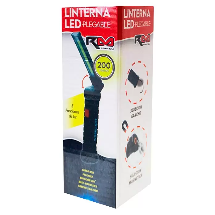Rolmovil Linterna - Orientable 360° - Caja de linterna LED plegable RM energy, 200 lúmenes, carga USB, base magnética, rotación 360°, 5 funciones de luz, gancho.