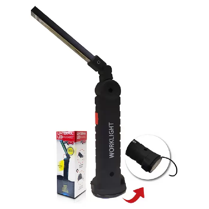 Rolmovil Linterna - Orientable 360° - Lámpara de trabajo LED negra ajustable con base magnética, mostrada con su embalaje.