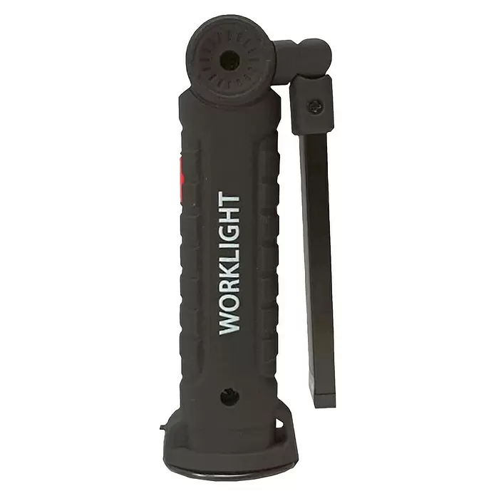 Rolmovil Linterna - Orientable 360° - Luz de trabajo LED negra portátil con texto 'WORKLIGHT' y soporte/mango plegable.
