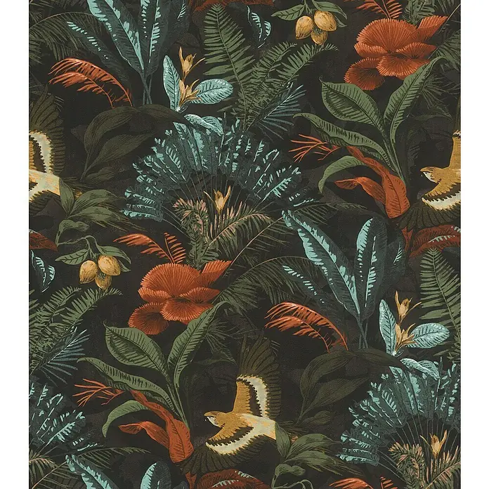 Rasch Selection Vliestapete Dschungel mit Papagei - Mehrfarbig, Floral, 10,05 x 0,53 m - Ein dunkles, tropisches Muster mit üppigen Pflanzen, exotischen Blüten und fliegenden Vögeln, ideal für auffällige Wandgestaltungen.