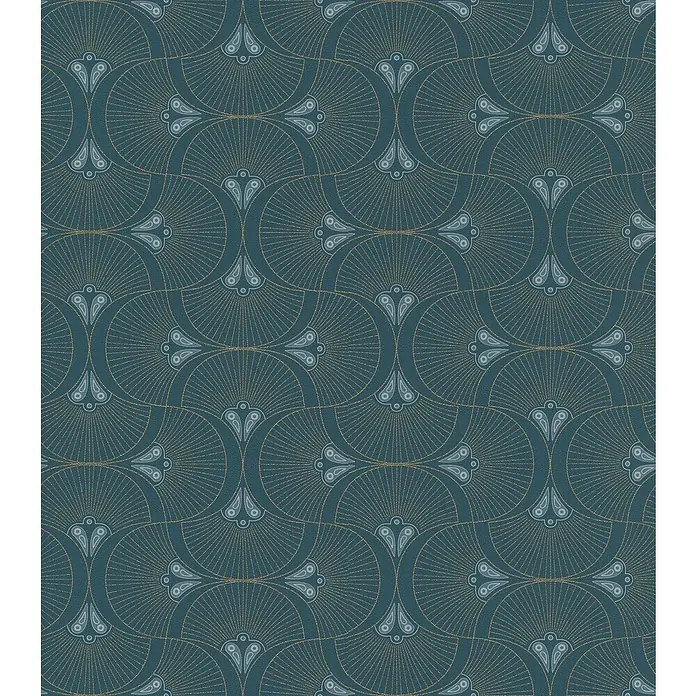 Rasch Selection Vliestapete Art-Deco - Petrolblau-Gold, Grafisch, 10,05 x 0,53 m - Elegantes, marineblaues Tapetenmuster mit goldenen Akzenten und stilisierten Blütenformen, das einen Hauch von Art déco in jeden Raum bringt.
