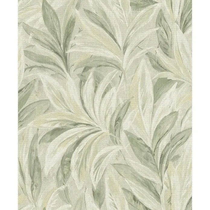 Rasch Selection Vliestapete Allegretto - Grün-Beige, Floral, 10,05 x 0,53 m - Ein ruhiges botanisches Muster mit blassgrünen und cremefarbenen Blättern, ideal für entspannende Innenräume.