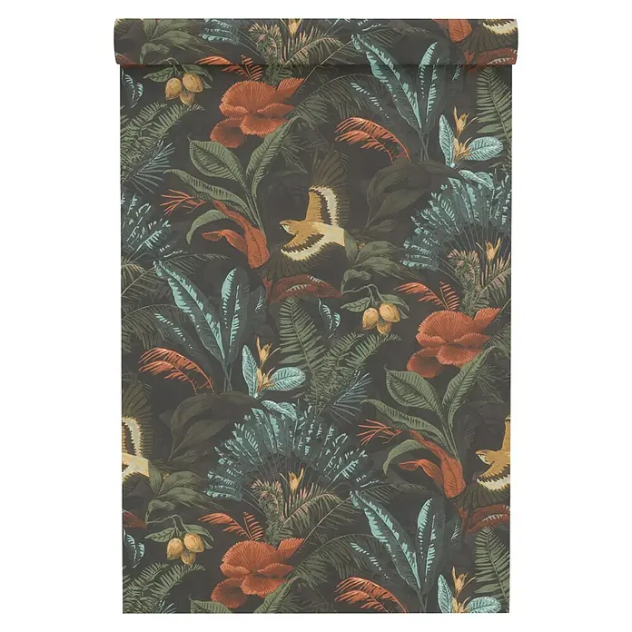 Rasch Selection Vliestapete Dschungel mit Papagei - Mehrfarbig, Floral, 10,05 x 0,53 m - Dschungeltapete mit exotischen Pflanzen und Vögeln.