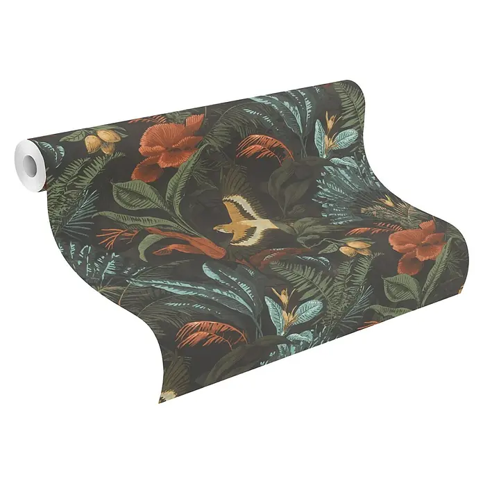 Rasch Selection Vliestapete Dschungel mit Papagei - Mehrfarbig, Floral, 10,05 x 0,53 m - Eine Rolle gemusterte Tapete mit tropischen Pflanzen und einem Vogel darauf, die eine lebendige und natürliche Atmosphäre schafft.