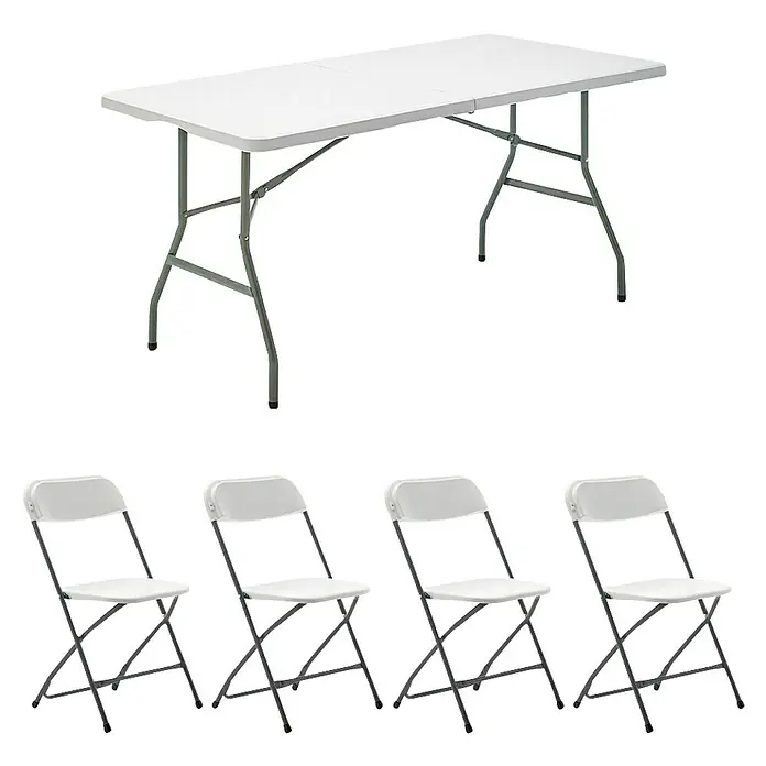 Set de muebles de jardín Every - 5 pzs., Acero/HDPE, Blanco, L x An x Al: 152 x 70 x 74 cm - Mesa plegable blanca y sillas para eventos. Un conjunto práctico para fiestas y conferencias, fácil de transportar y guardar.
