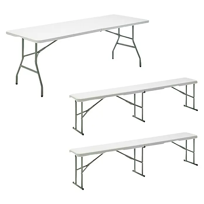 Set de muebles de jardín Every - 3 pzs., Plástico y acero, Blanco, L x An x Al: 200 x 74 x 74 cm - Una mesa plegable rectangular y dos bancos plegables en blanco y plata. Estas piezas son ideales para eventos o espacio de asiento adicional.