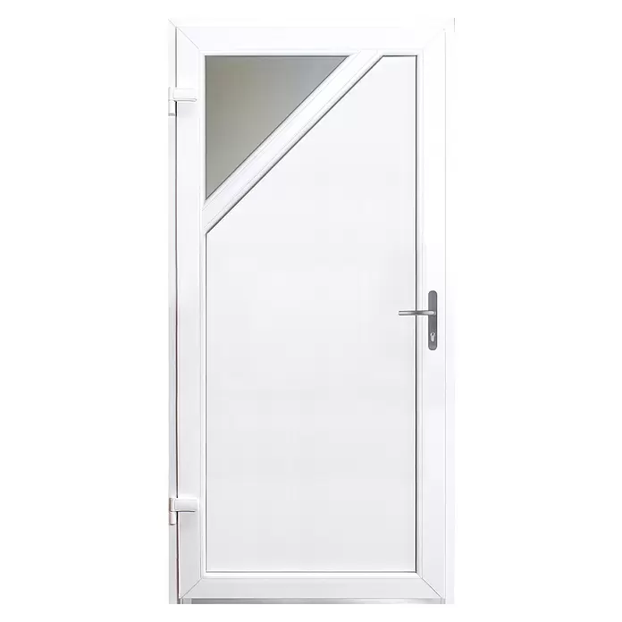 Panto Nebeneingangstür K 509 - 98 x 198 cm, DIN Anschlag: Links, Weiß - Weiße Tür mit einem dreieckigen, opaken Glaseinsatz in der oberen Ecke und einem silbernen Metallgriff.