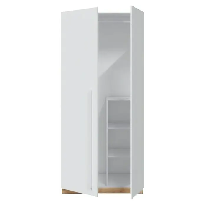 Armario para ropa y cama Noa - Roble Nodi/Blanco Artik - Un armario blanco con una puerta abierta, que revela los estantes y la barra para colgar ropa en el interior.