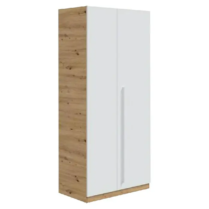 Armario para ropa y cama Noa - Roble Nodi/Blanco Artik - Un armario moderno con un lateral efecto madera y dos puertas blancas con manijas elegantes, combinando almacenamiento y estilo.