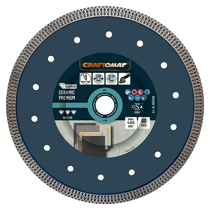 Craftomat Diamant-Trennscheibe Ceramic Premium - Durchmesser Scheibe: 230 mm, Bohrung: 22,23 mm - Abbildung einer CRAFTOMAT® Diamanttrennscheibe Ceramic Premium mit 230 mm Durchmesser für Keramik, geeignet für den professionellen Einsatz.