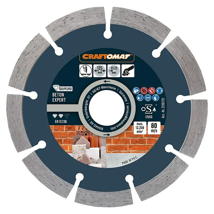 Craftomat Diamant-Trennscheibe Beton Expert - Durchmesser Scheibe: 125 mm, 1 Stk. - Diamanttrennscheibe zum Schneiden von Beton, Modell Beton Expert, Durchmesser 125 mm, Bohrung 22,23 mm, maximale Drehzahl 12.250 U/min.