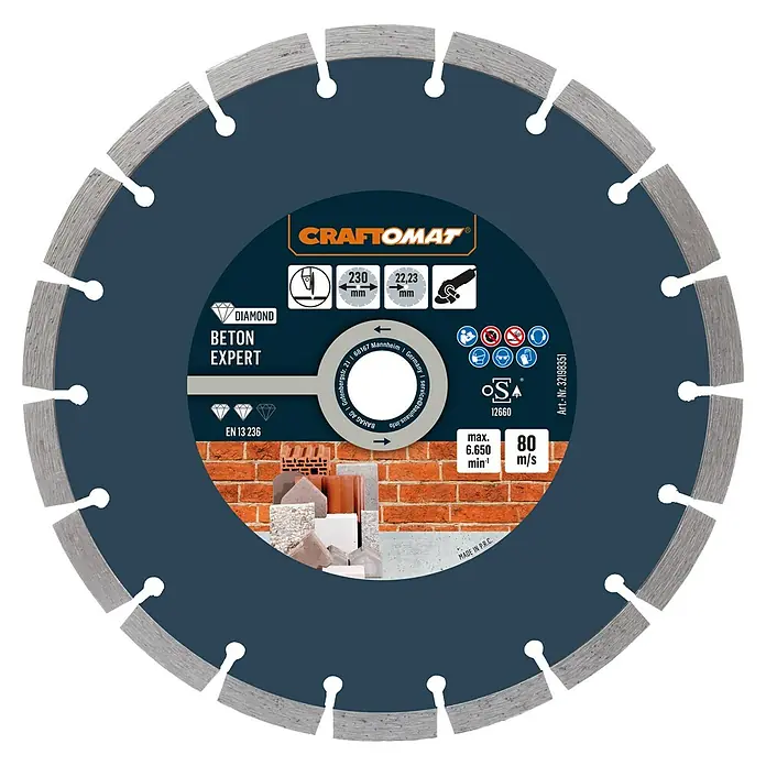 Craftomat Diamant-Trennscheibe Beton Expert - Durchmesser Scheibe: 230 mm, 1 Stk. - Abbildung einer Craftomat Diamanttrennscheibe Beton Expert, ideal zum Schneiden von Beton mit einem Durchmesser von 230 mm und einer Bohrung von 22,23 mm.