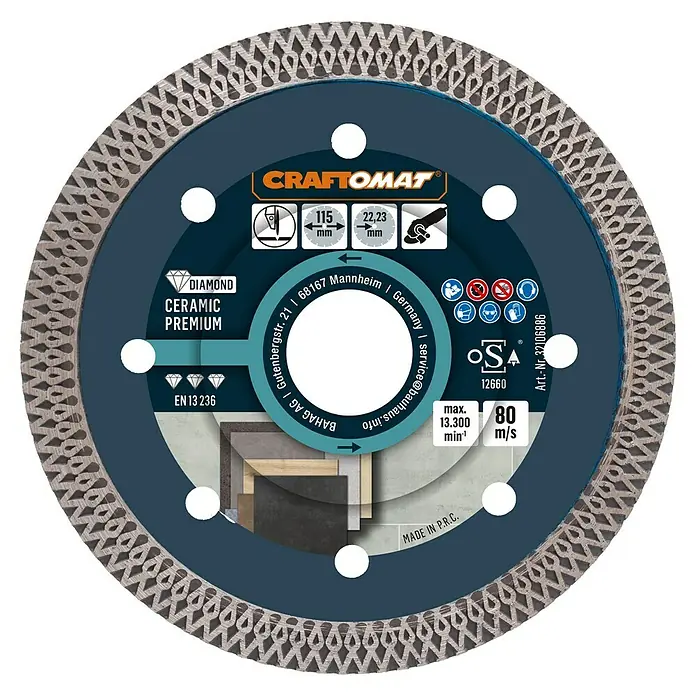 Craftomat Diamant-Trennscheibe Ceramic Premium - Durchmesser Scheibe: 115 mm, Bohrung: 22,23 mm - Abbildung einer CRAFTOMAT Diamanttrennscheibe Ceramic Premium, 115 mm Durchmesser, ideal für Keramikbearbeitung.