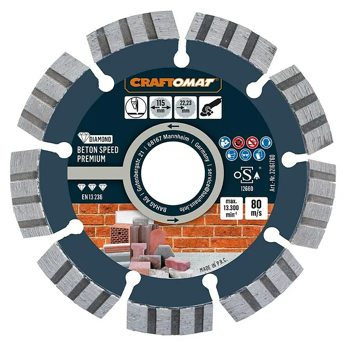 Craftomat Diamant-Trennscheibe Beton Speed Premium - Durchmesser Scheibe: 115 mm, 1 Stk. - Abbildung einer CRAFTOMAT Diamanttrennscheibe Beton Speed Premium, ideal zum Schneiden von Beton mit hoher Geschwindigkeit und Präzision.