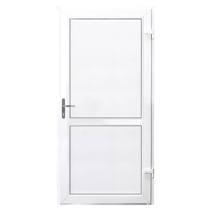 Panto Nebeneingangstür K 507 - 98 x 198 cm, DIN Anschlag: Rechts, Weiß - Weiße PVC-Tür mit einer satinierten oberen und einer massiven unteren Platte, komplett mit einem silbernen Griff und Schlüsselloch.
