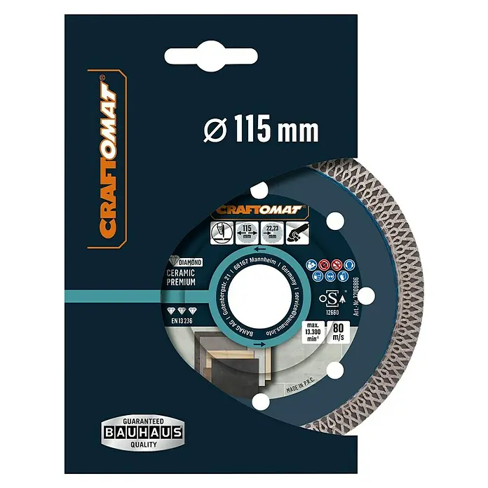 Craftomat Diamant-Trennscheibe Ceramic Premium - Durchmesser Scheibe: 115 mm, Bohrung: 22,23 mm - Produktbild: CRAFTOMAT Diamanttrennscheibe Ceramic Premium, Ø 115 mm für präzise Schnitte in Keramik und Fliesen.