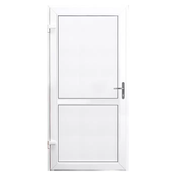 Panto Nebeneingangstür K 507 - 98 x 198 cm, DIN Anschlag: Links, Weiß - Weiße PVC-Tür mit zwei Füllungen, Metallgriff und Schloss.