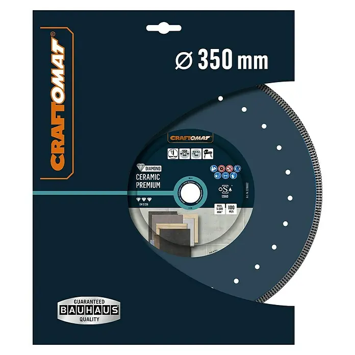 Craftomat Diamant-Trennscheibe Ceramic Premium - Durchmesser Scheibe: 350 mm, Bohrung: 25,4 mm - 30 mm - Das Bild zeigt eine Craftomat Diamanttrennscheibe Ceramic Premium mit einem Durchmesser von 350 mm für professionelle Anwendungen.