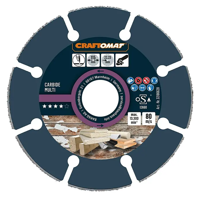 Craftomat Trennscheibe Carbide Multi - Hartmetall, Durchmesser Scheibe: 115 mm - Das Bild zeigt eine blaue CRAFTOMAT® Trennscheibe "Carbide Multi" mit technischen Details und Sicherheitslogos.