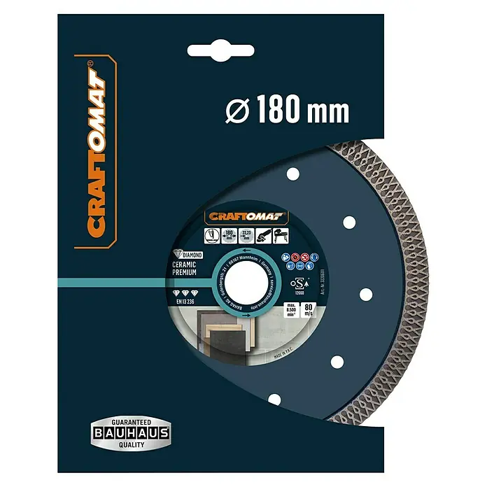 Craftomat Diamant-Trennscheibe Ceramic Premium - Durchmesser Scheibe: 180 mm, Bohrung: 22,23 mm - Bild einer CRAFTOMAT Diamant-Keramik Premium Trennscheibe mit 180 mm Durchmesser für professionelle Anwendungen.