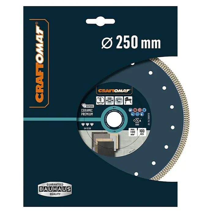 Craftomat Diamant-Trennscheibe Ceramic Premium - Durchmesser Scheibe: 250 mm, Bohrung: 25,4 mm - 30 mm - Abbildung einer CRAFTOMAT Diamanttrennscheibe mit 250mm Durchmesser, geeignet für Keramik, in Premium Qualität, garantiert durch Bauhaus Qualität.