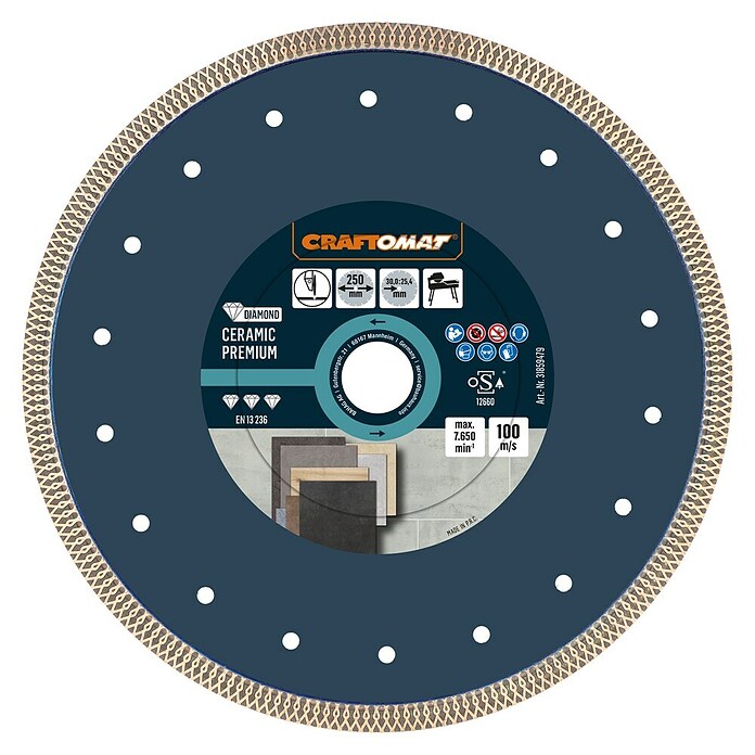 Craftomat Diamantna rezalna plošča za keramiko Ceramic Premium  (Premer diska: 250 mm, Izvrtina: 25,4 mm - 30 mm) | Rezalni diski | Dodatki za kotne brusilnike | Dodatna oprema za stroje | Orodja in stroji | Izdelki | BAUHAUS
