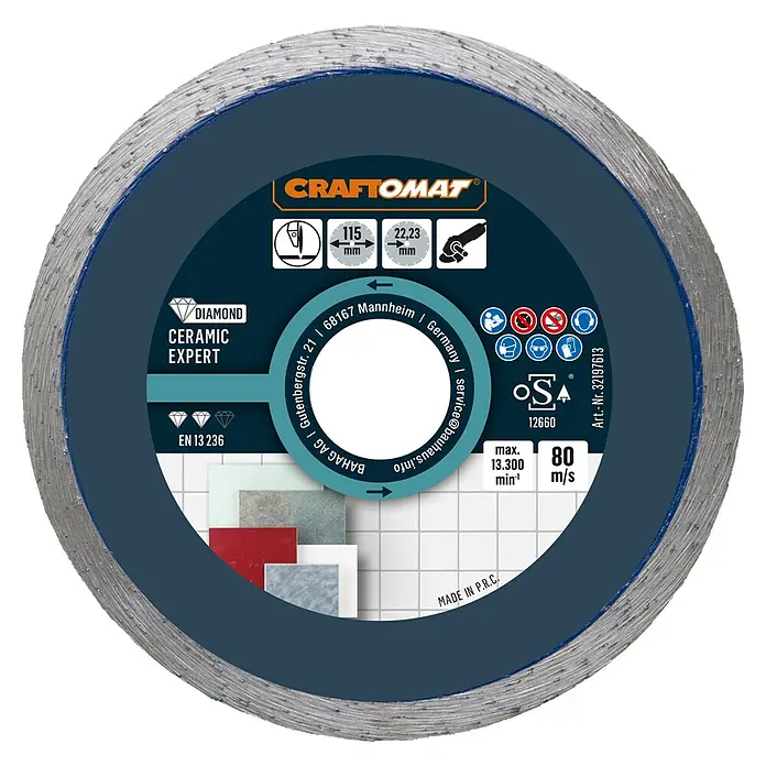 Craftomat Diamant-Trennscheibe Ceramic Expert - Durchmesser Scheibe: 115 mm, 1 Stk. - Abbildung einer CRAFTOMAT Diamanttrennscheibe Ceramic Expert, geeignet für Keramik, mit den Maßen 115 mm x 22,23 mm.