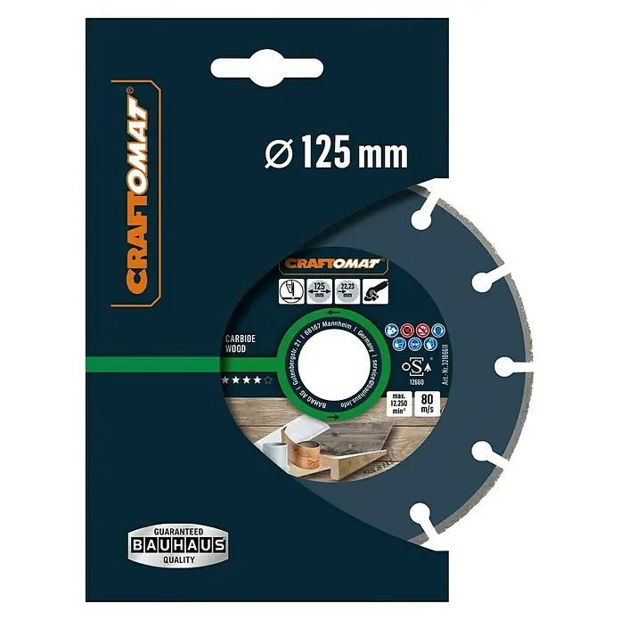 Craftomat Trennscheibe Carbide Wood - Geeignet für: Holz, Durchmesser Scheibe: 125 mm - Abbildung einer CRAFTOMAT Hartmetall-Holz-Kreissägeblatt, Durchmesser 125 mm, für präzise Holzschnitte in hoher BAUHAUS-Qualität.