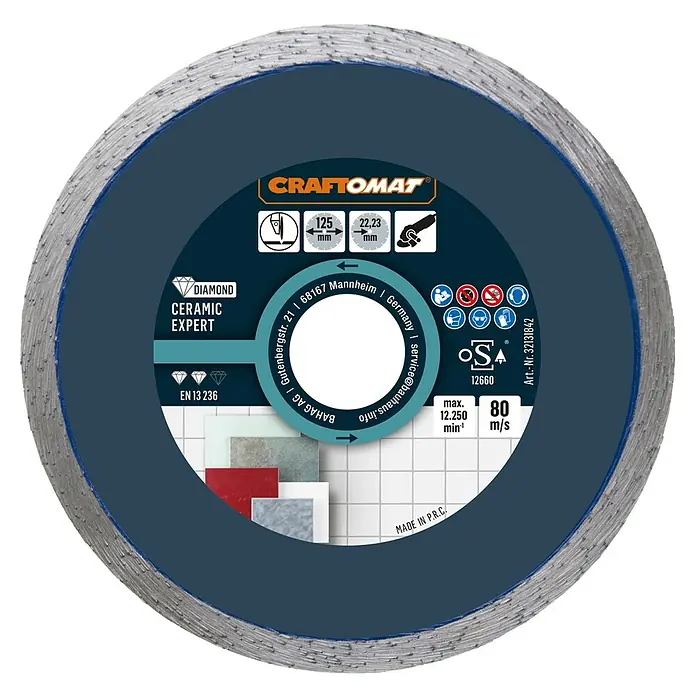 Craftomat Diamant-Trennscheibe Ceramic Expert - Durchmesser Scheibe: 125 mm, 1 Stk. - Abgebildet ist eine CRAFTOMAT Diamanttrennscheibe Ceramic Expert, ideal für Keramik, mit 125 mm Durchmesser und 22,23 mm Bohrung.