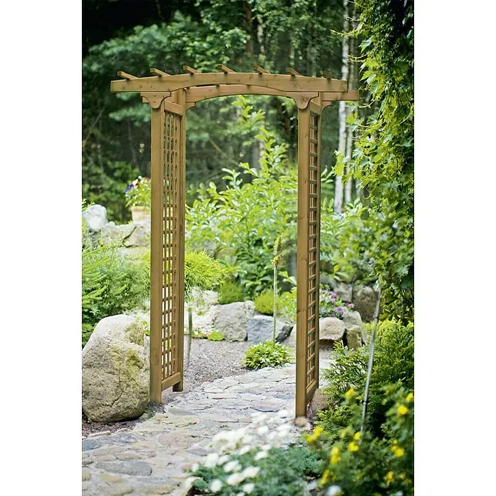 Pergola Straßburg - Durchgangsbreite: 100 cm, Höhe: 218 cm - Gartenlaube aus Holz mit Steinweg und üppigem Grün.