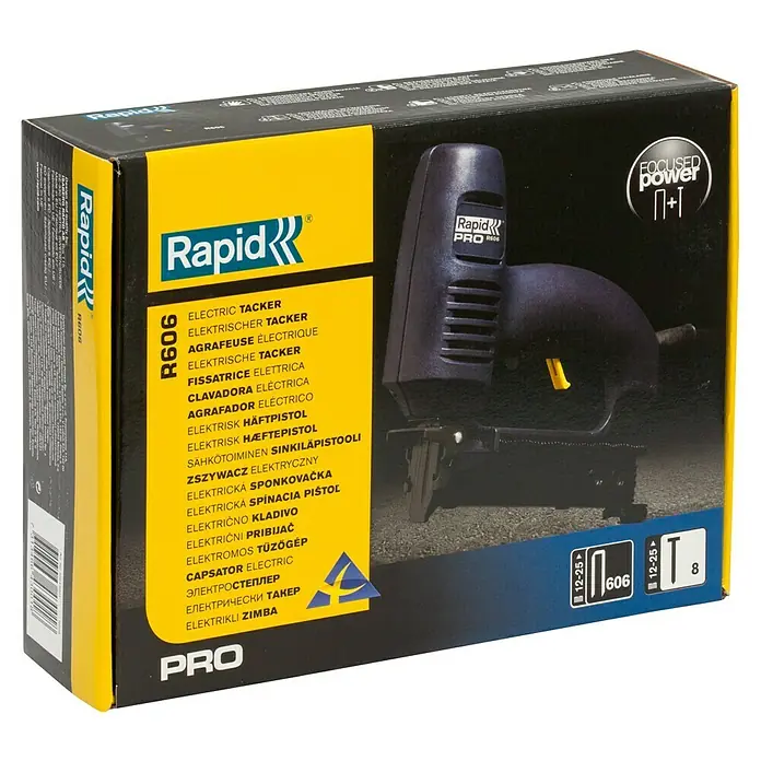 Rapid Elektrotacker R606 PRO - Klammertiefe: 12 mm - 25 mm, Geeignet für: Drahtstifte 15 - 25 mm, Verpackung: Schachtel - Box mit Rapid R606 Elektrotacker Pro, ideal zum schnellen und effizienten Befestigen von Materialien. Kompaktes und leistungsstarkes Werkzeug.