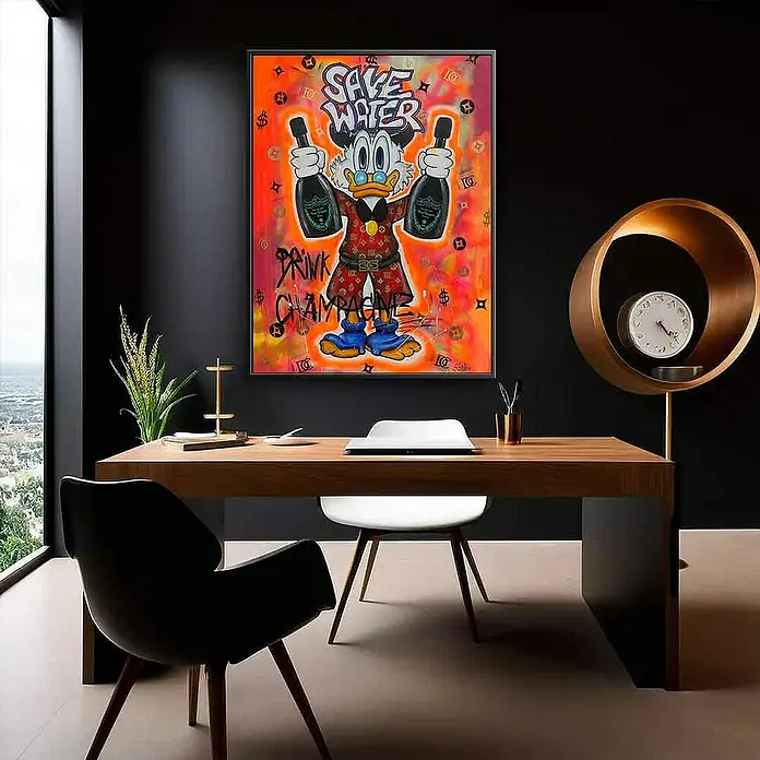 Dotcomcanvas Leinwandbild - Save Water Drink Champagne, B x H: 30 x 40 cm - Wandbild "Save Water Drink Champagne" mit Dagobert Duck im modernen Büro.