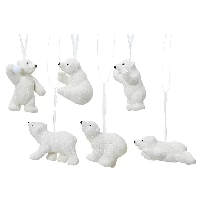 Adornos del árbol de Navidad Oso polar - Blanco/Plata, 1 ud., 4 x 5 x 9 cm - Seis adornos navideños de osos polares blancos y brillantes en varias poses con cintas para colgar.